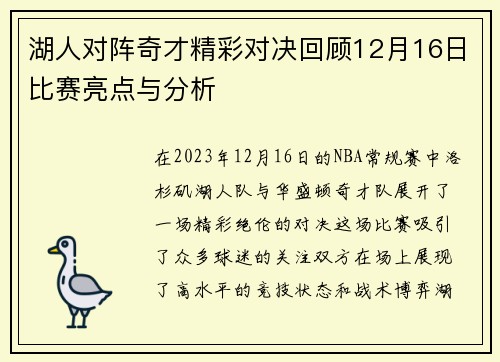 湖人对阵奇才精彩对决回顾12月16日比赛亮点与分析