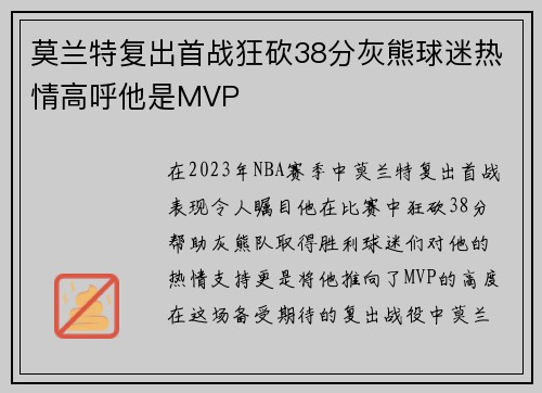 莫兰特复出首战狂砍38分灰熊球迷热情高呼他是MVP